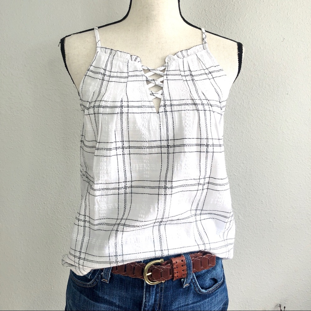 Plaid Lace Up Ruffle Trim Gingham Top